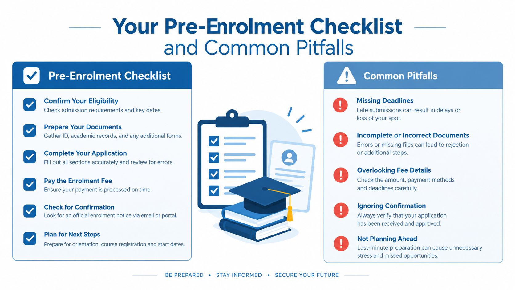 A visual guide illustrating a pre-enrolment checklist and common pitfalls for students applying to educational institutions.