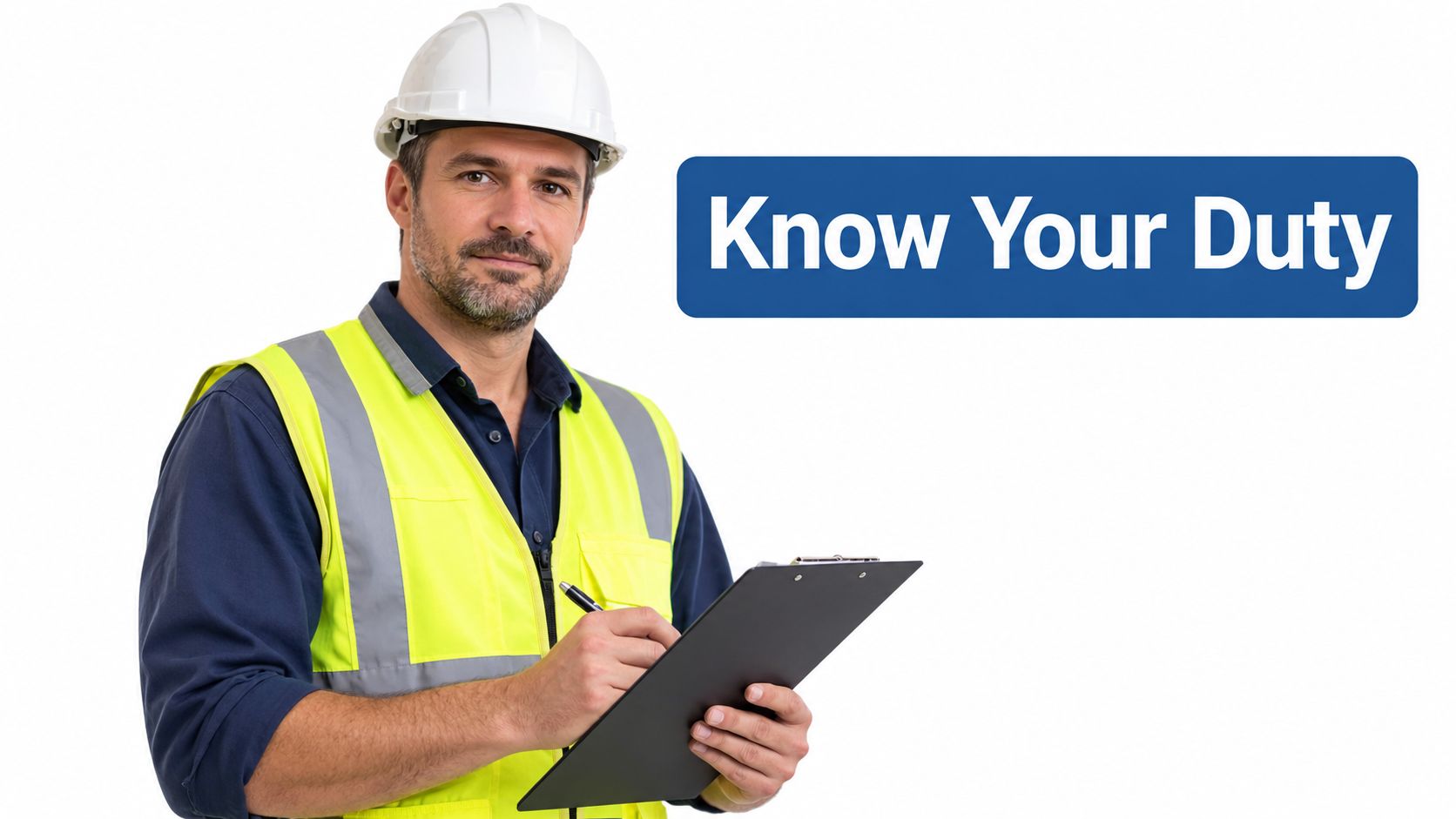 A male construction worker in a hard hat and safety vest writing on a clipboard.