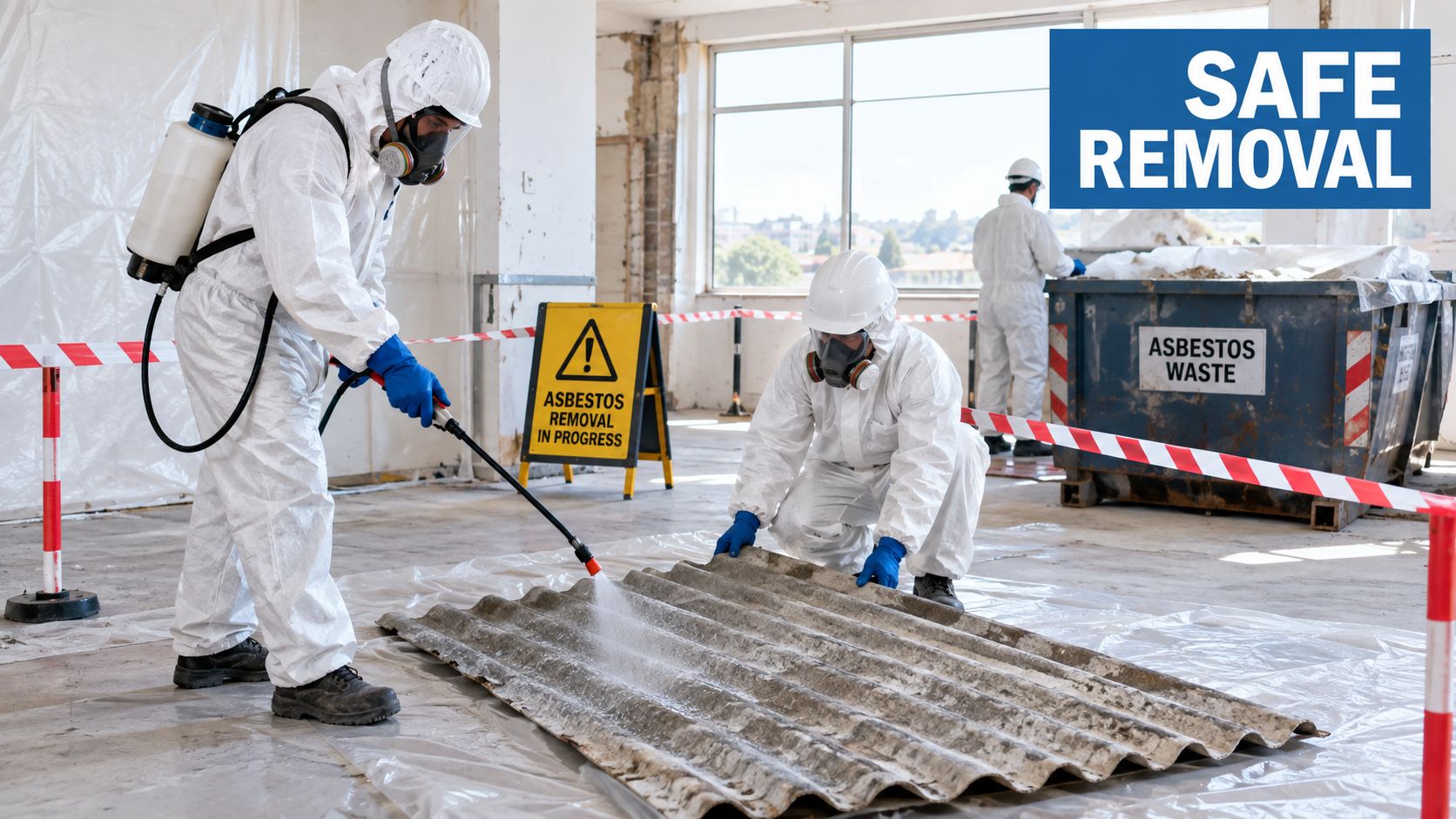 Workers in protective suits and masks performing safe asbestos removal on a construction site.
