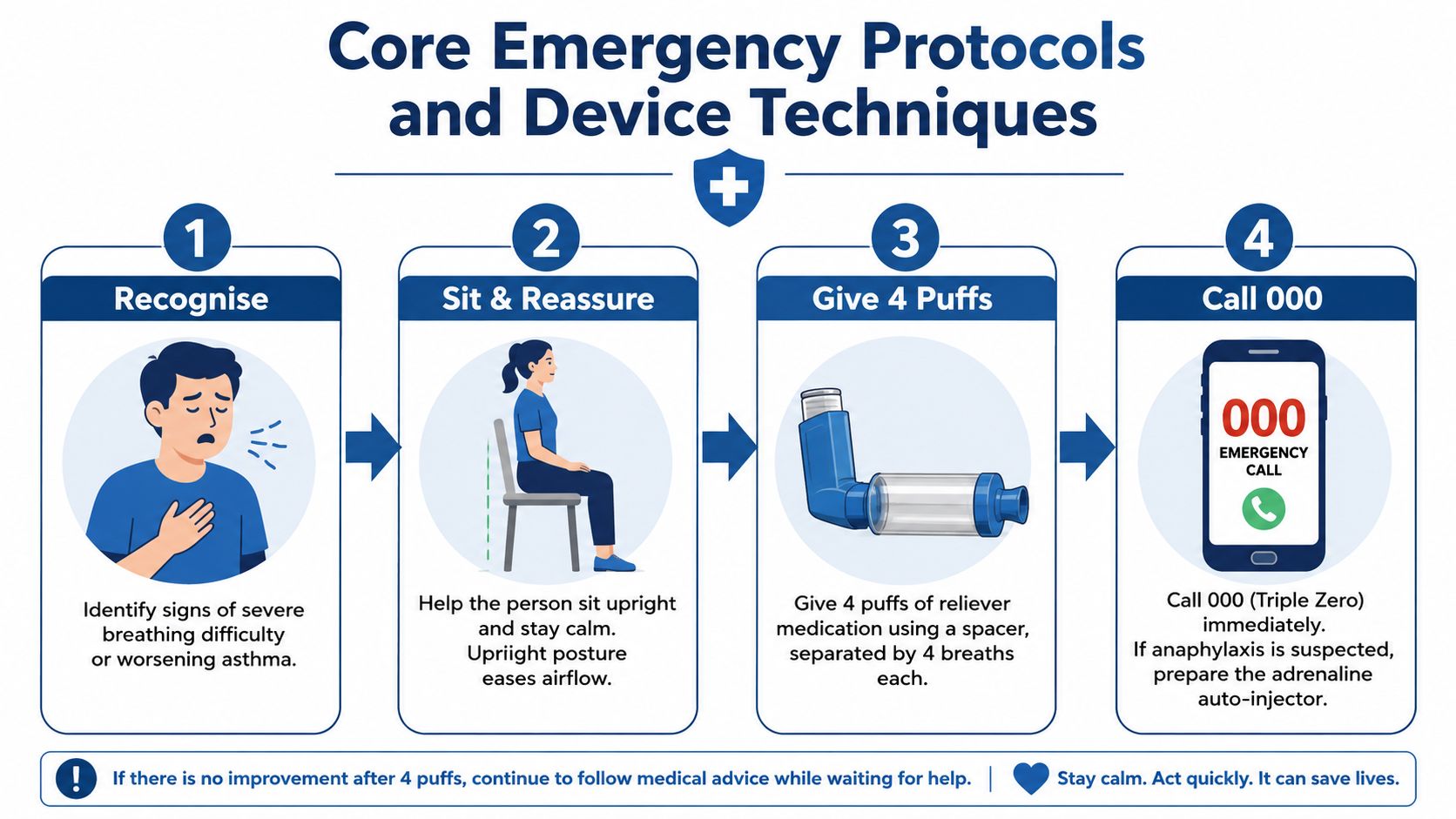 A step-by-step infographic illustrating emergency protocols for asthma and anaphylaxis, showing recognition, positioning, medication, and calling emergency services.