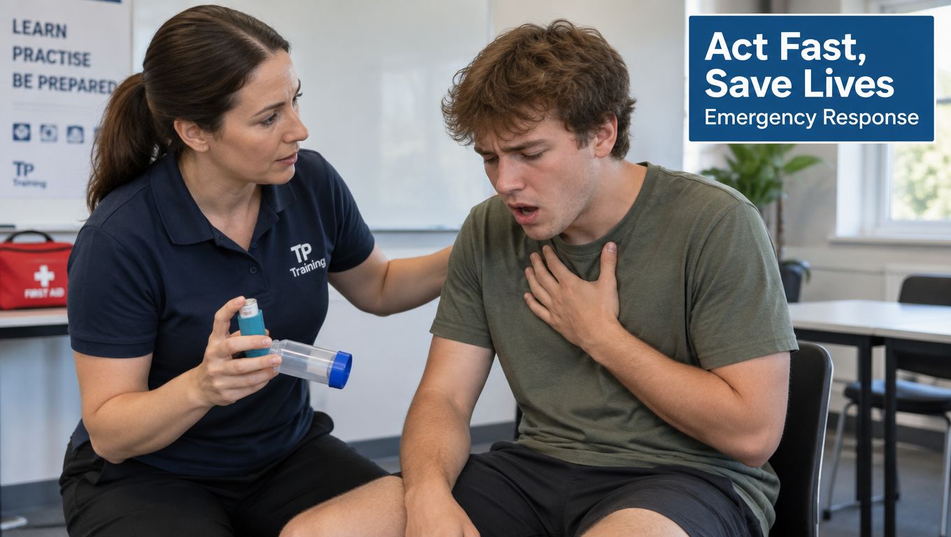 A first aid instructor assisting a young man experiencing breathing difficulties with an asthma inhaler and spacer.