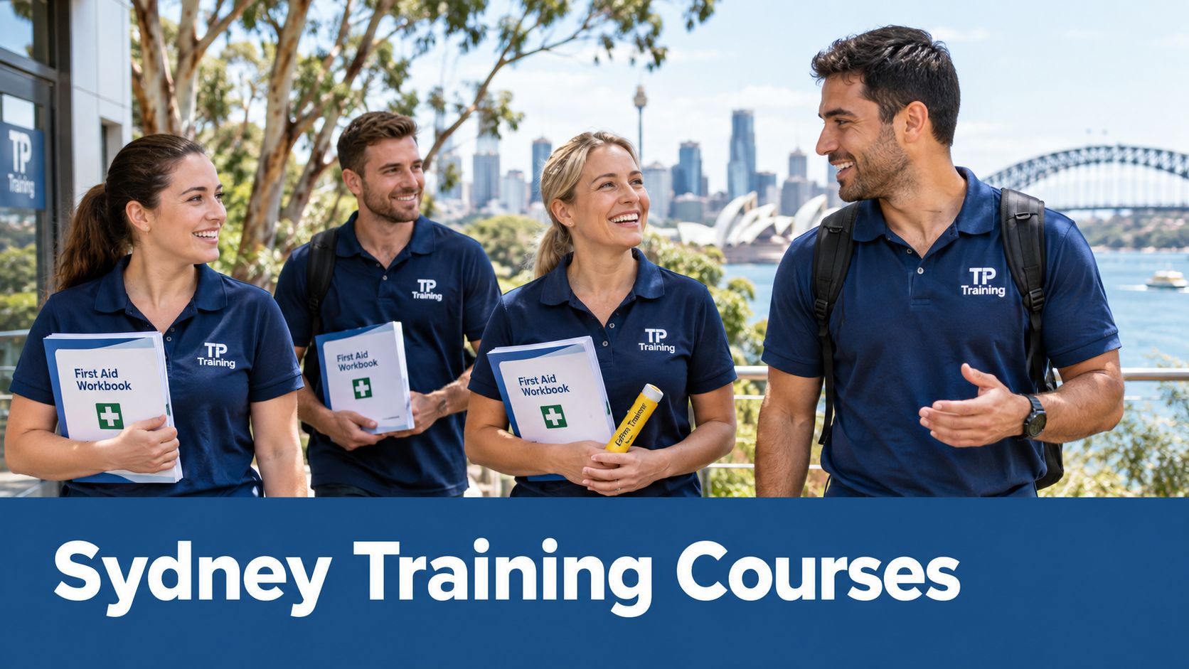 Four professional trainers carrying First Aid workbooks walking outdoors with the Sydney skyline in the background.