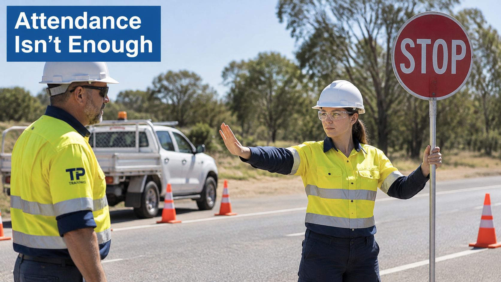 A female traffic controller holding a stop sign while directing a male worker on a road.