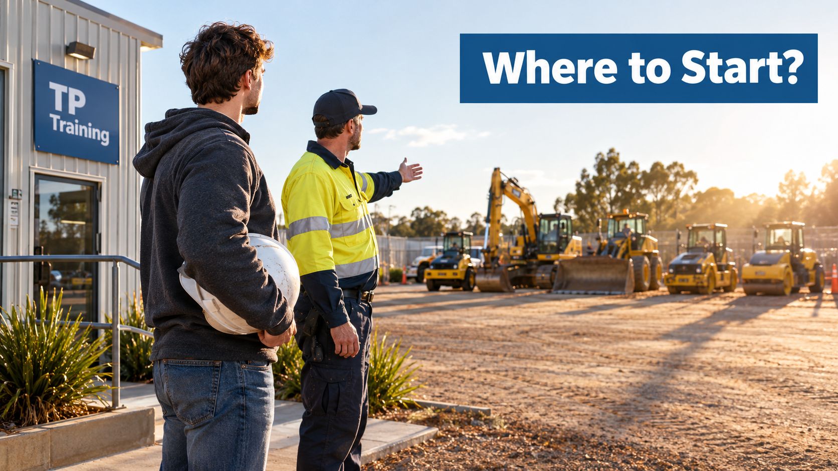 An instructor in high-visibility gear guiding a student toward construction equipment during a training session.