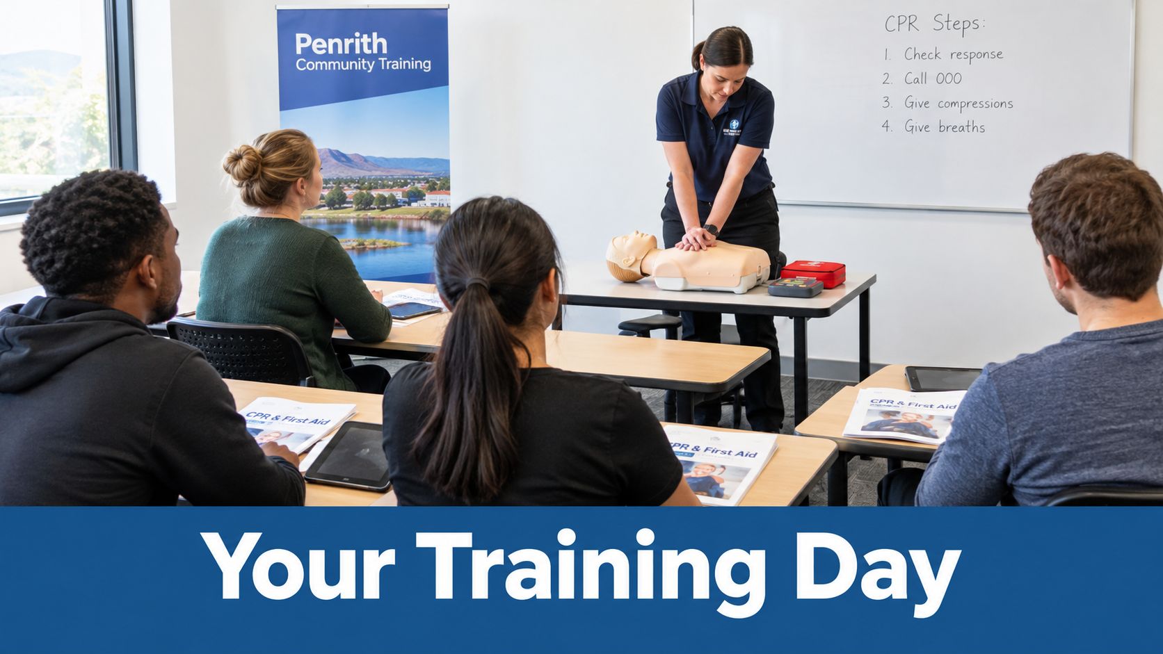 An instructor demonstrates CPR techniques on a mannequin to a group of students in a classroom.
