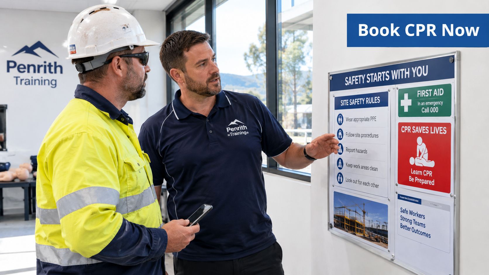 A trainer in a branded polo shirt explains site safety rules to a worker wearing a hard hat.
