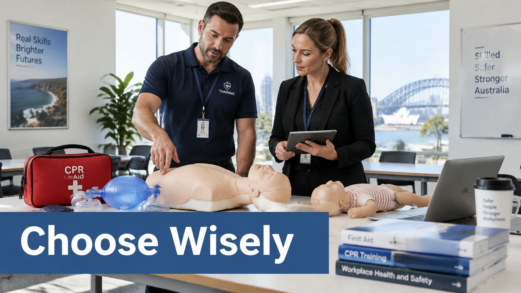 A professional instructor demonstrates CPR techniques on a mannequin while a colleague observes with a tablet.