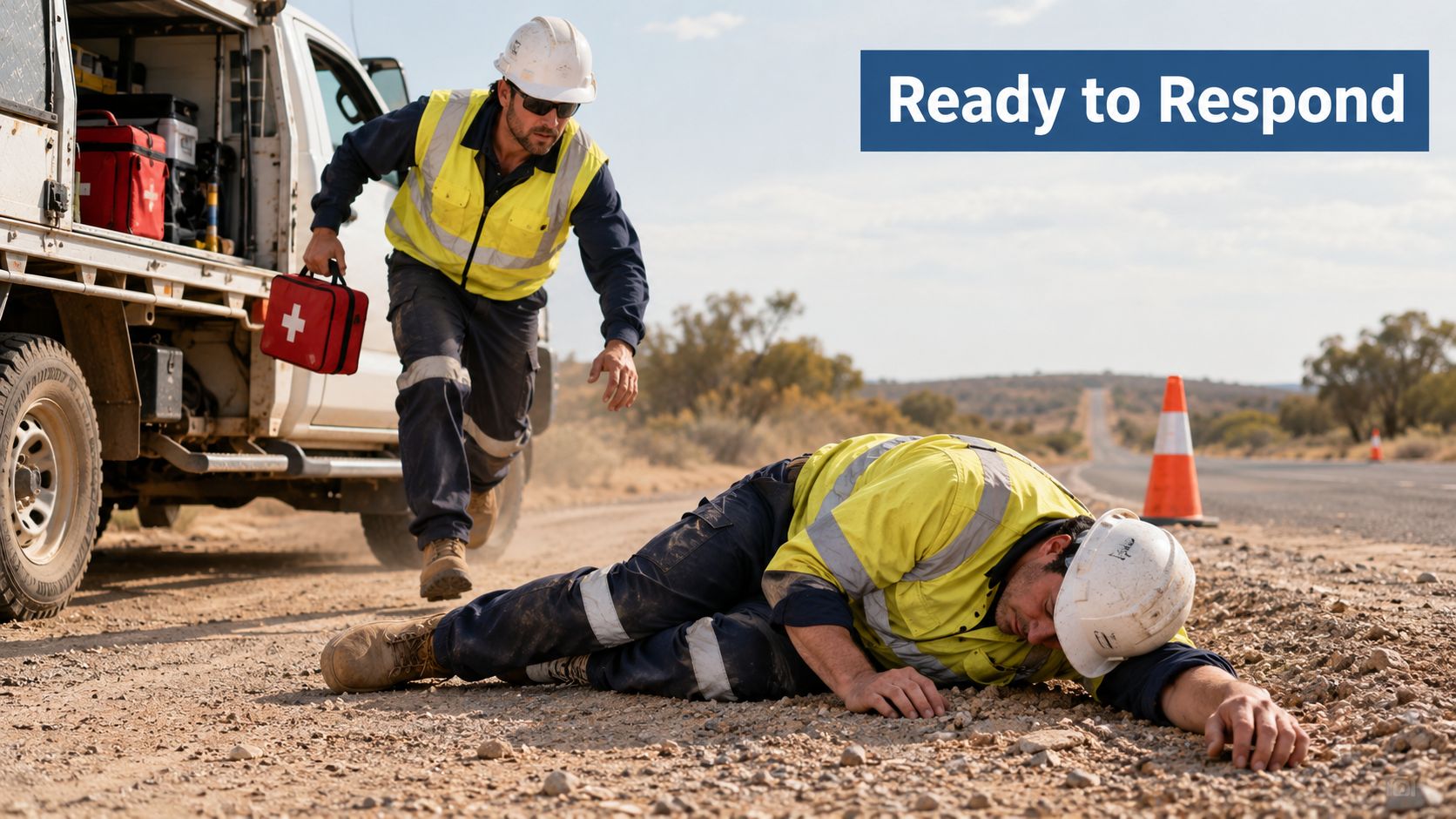 A worker in safety gear rushes to help a colleague who has collapsed on a desert roadside.