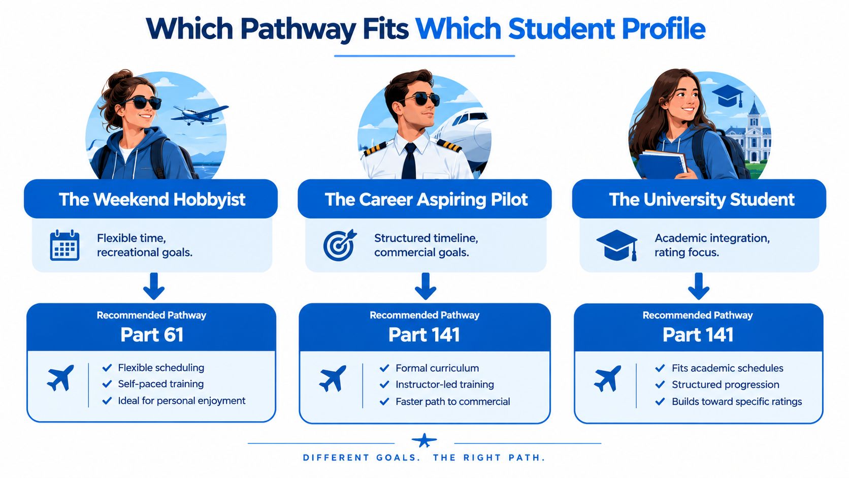 An infographic comparing flight training paths, explaining whether the Part 61 or 141 program fits different pilot profiles.