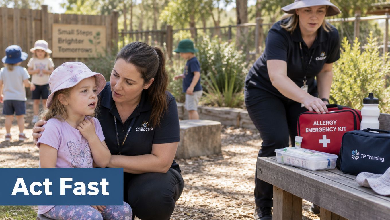 A childcare worker comforting a young girl while another staff member prepares an allergy emergency medical kit.