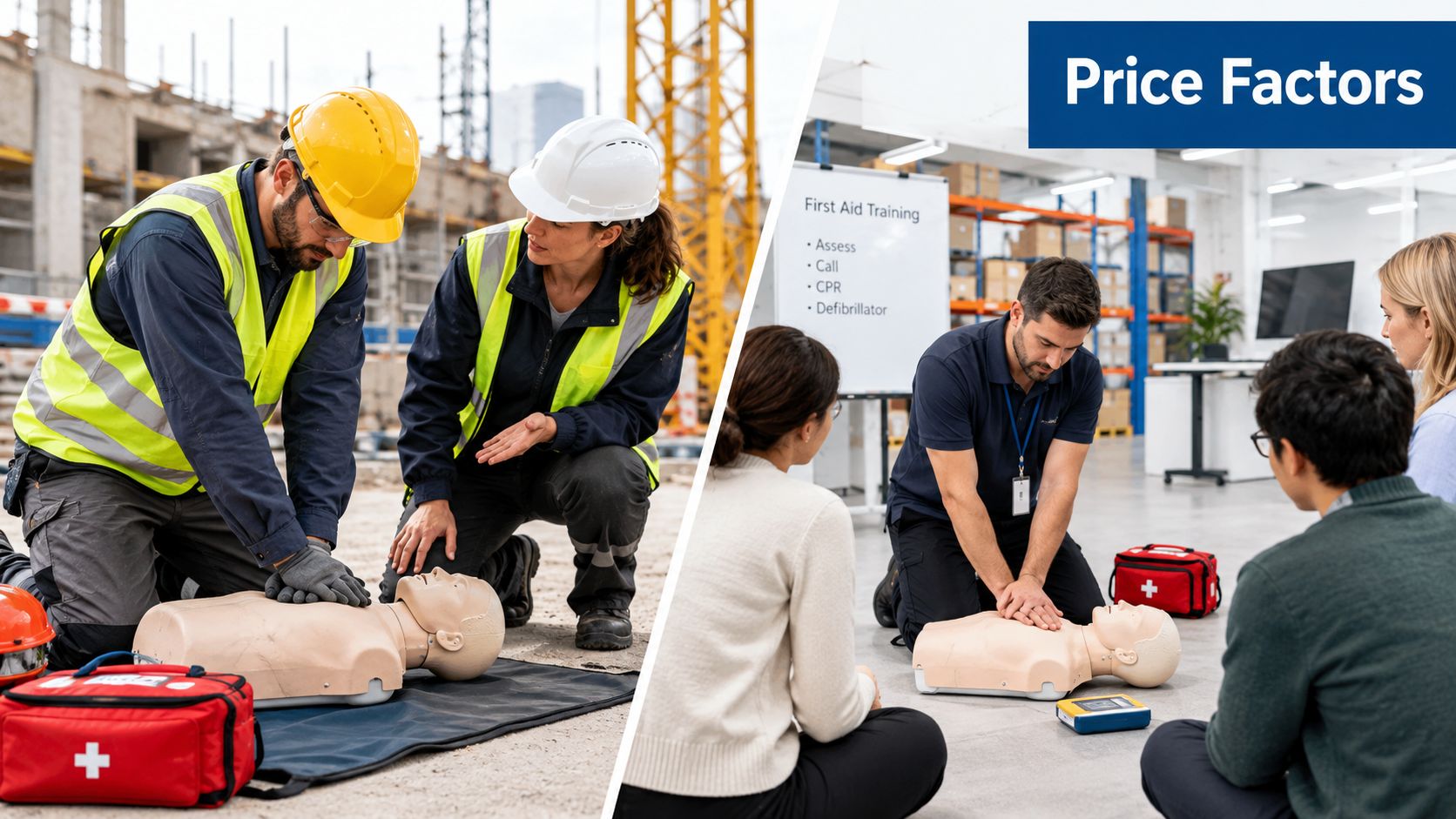 People receiving first aid and CPR training in both industrial construction and indoor classroom settings.