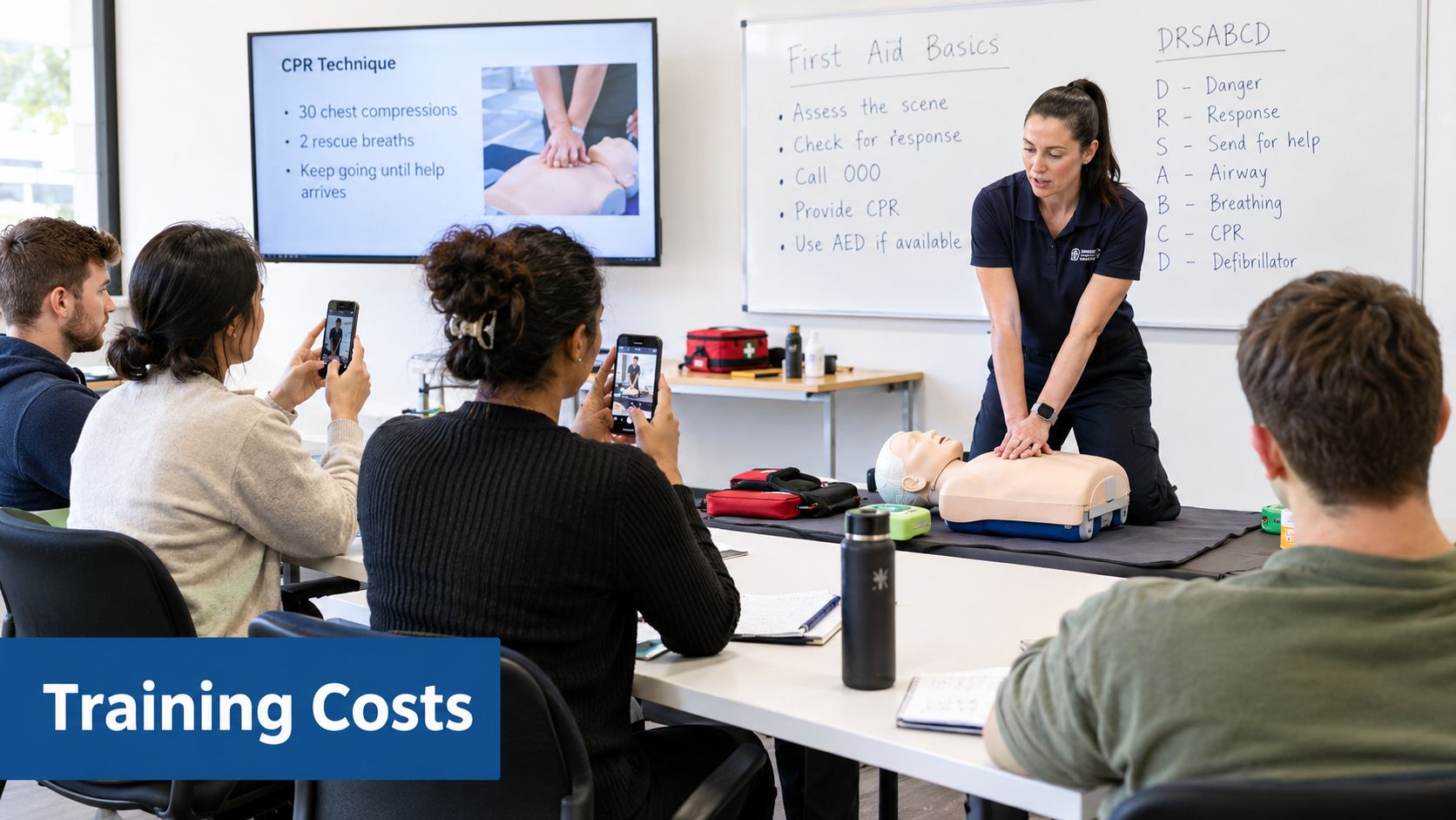 A professional instructor demonstrates CPR techniques on a mannequin to students in a first aid class.