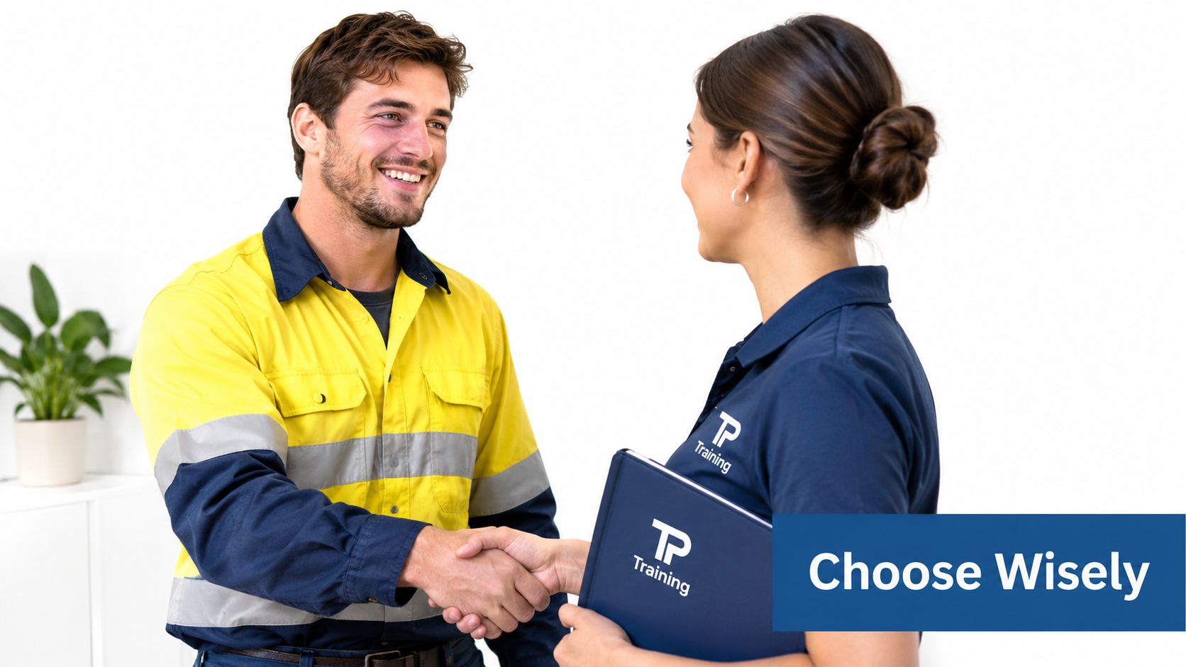 A professional man and woman in uniforms shaking hands while holding a training folder.