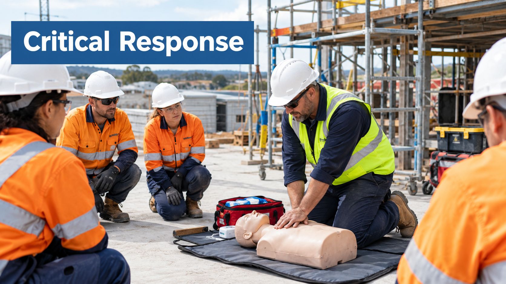 A construction crew receives first aid training as an instructor demonstrates CPR on a training mannequin.