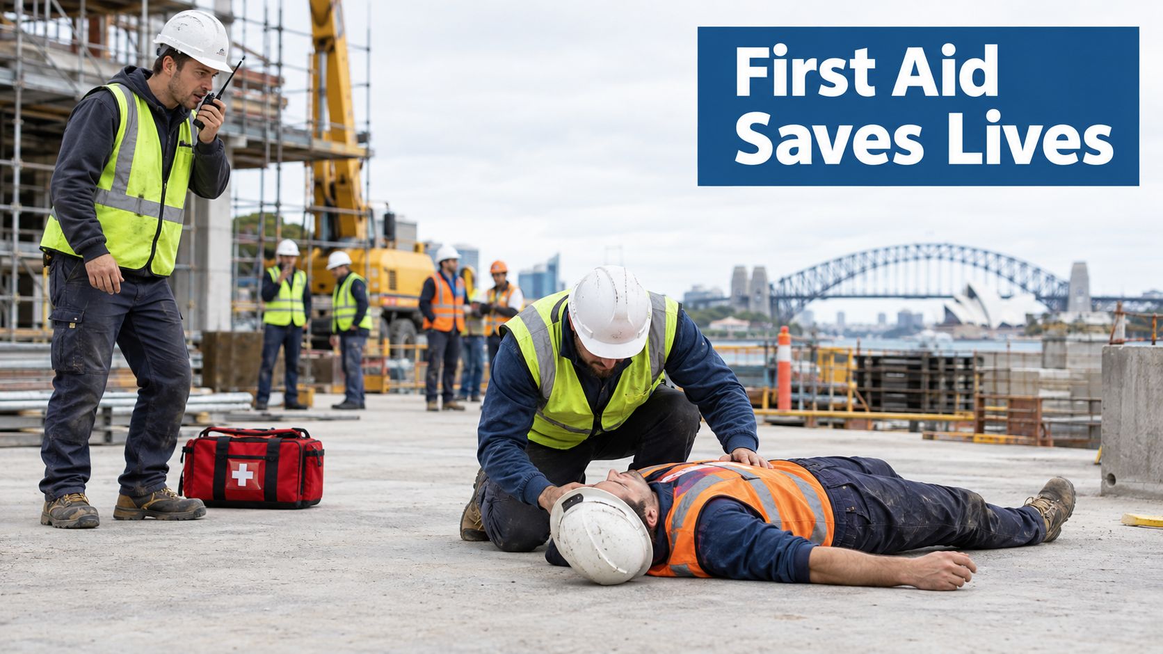 A construction worker providing first aid to an injured colleague on a job site with others nearby.