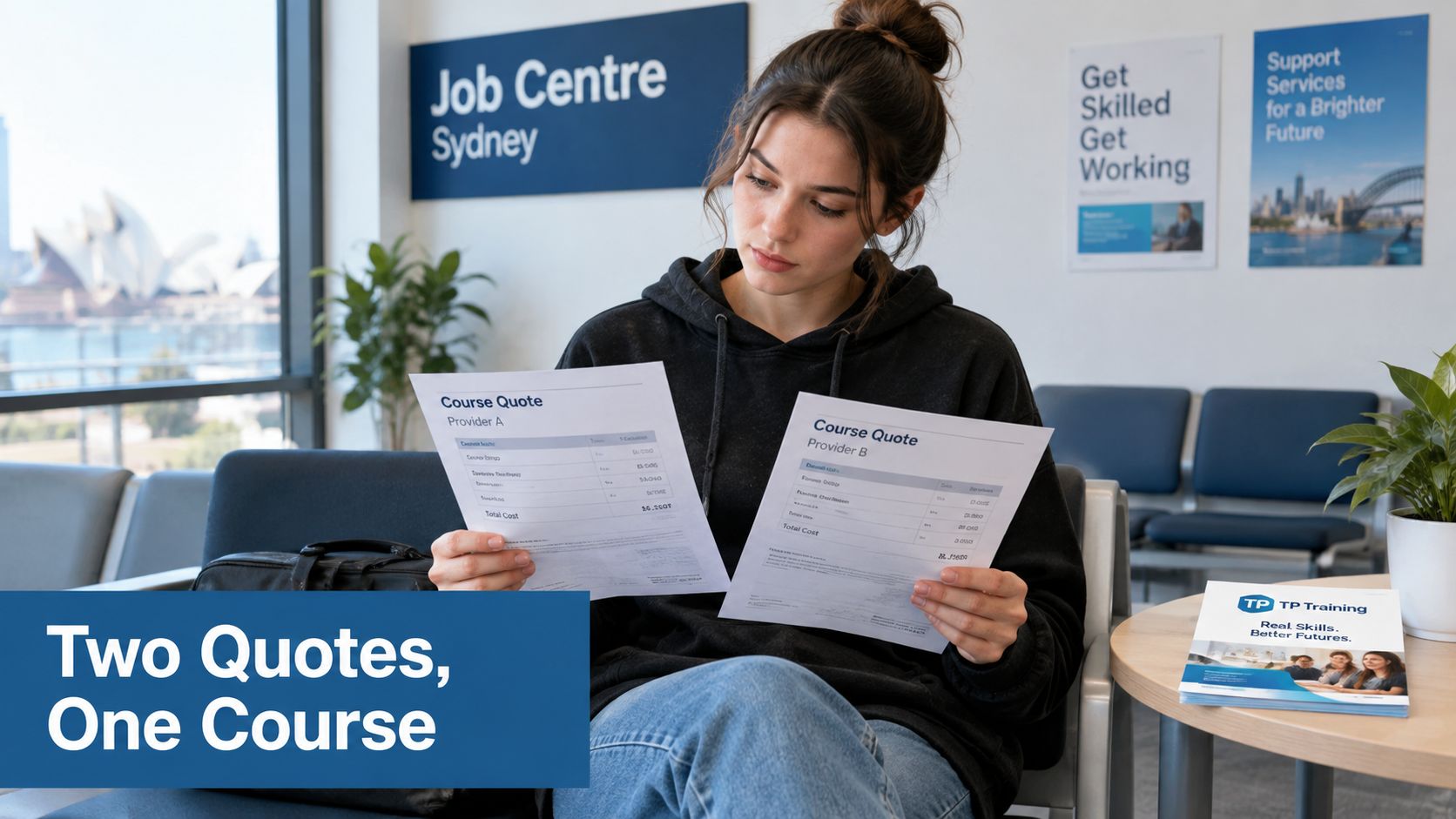 A young woman sits in a career center office comparing two different course quote documents side-by-side.