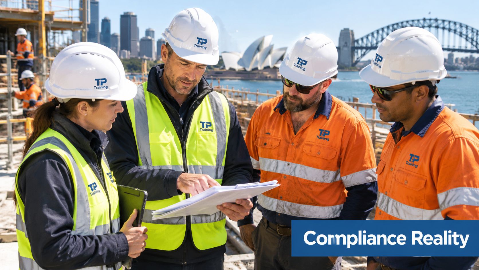 A team of construction workers in safety gear reviewing documents on a site in Sydney, Australia.