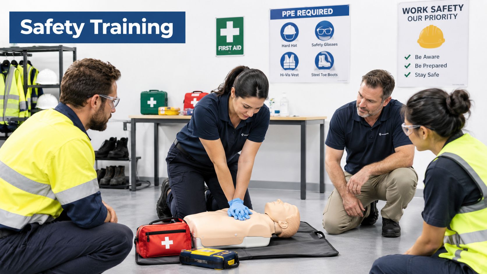 A professional safety instructor demonstrates CPR techniques on a medical manikin to a group of trainees.