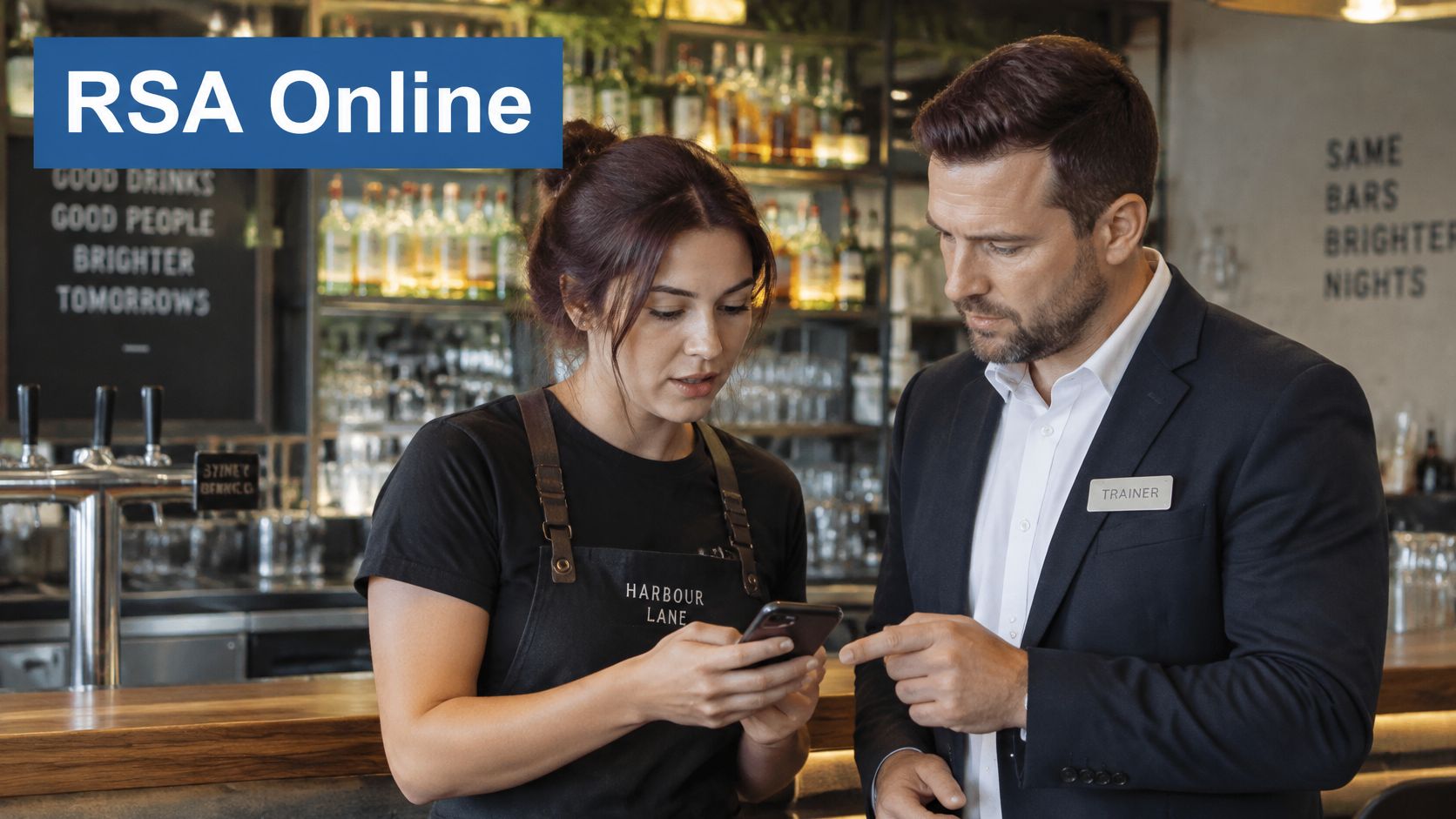 A trainer guiding a restaurant staff member on their mobile phone for online responsible service of alcohol training.