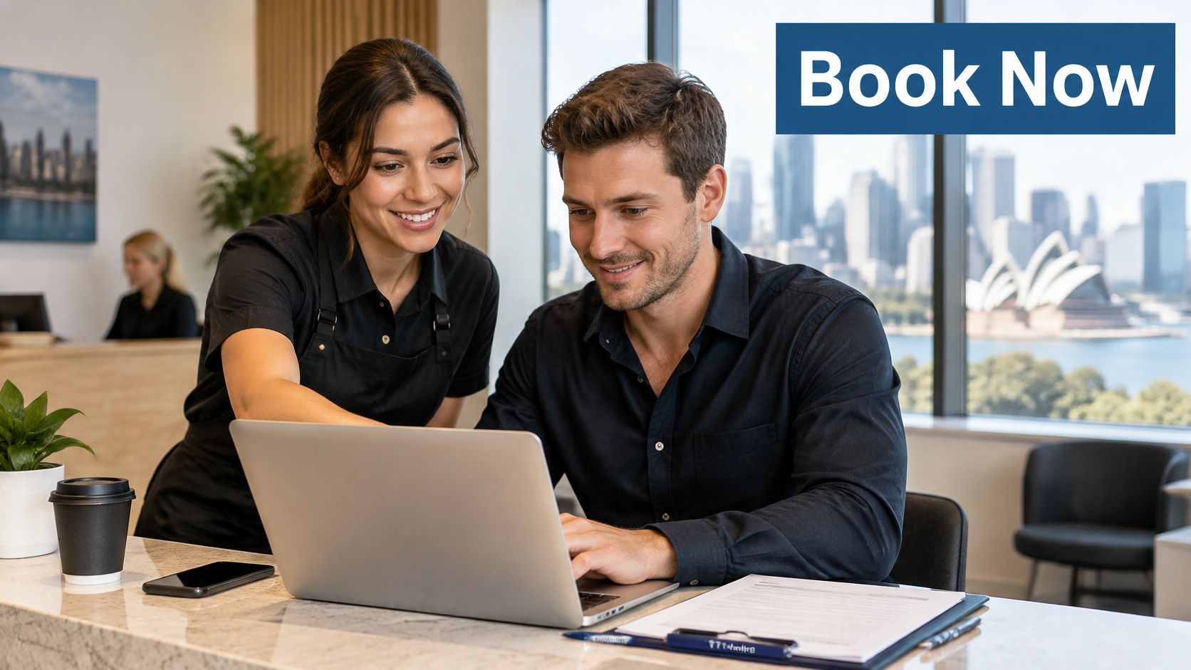 A friendly staff member assisting a customer with a booking on a laptop in a Sydney office.