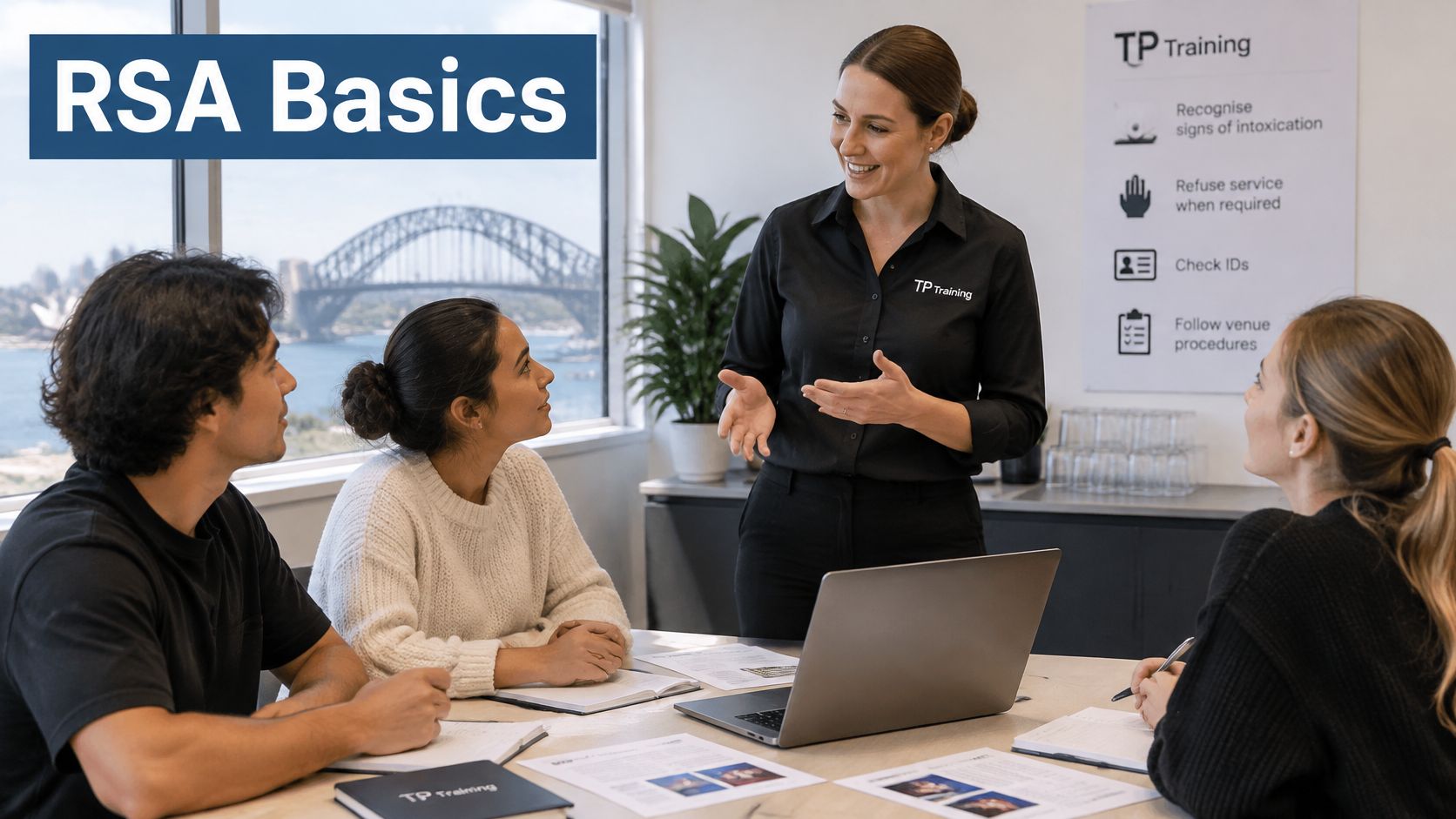 A professional instructor leading an RSA training session with students in a Sydney CBD office setting.