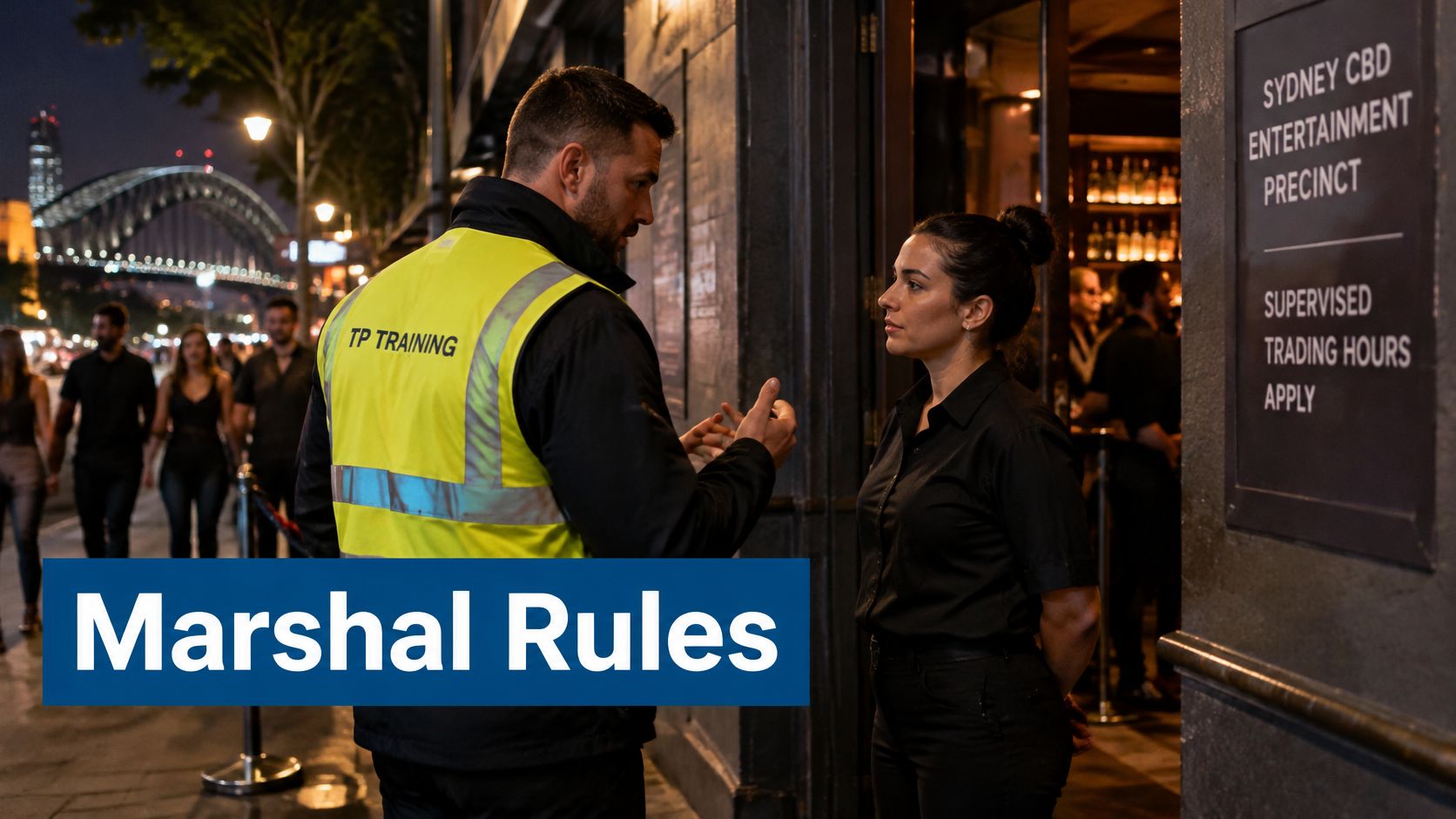 A security marshal in a high-visibility vest speaks with a female colleague outside a Sydney bar.