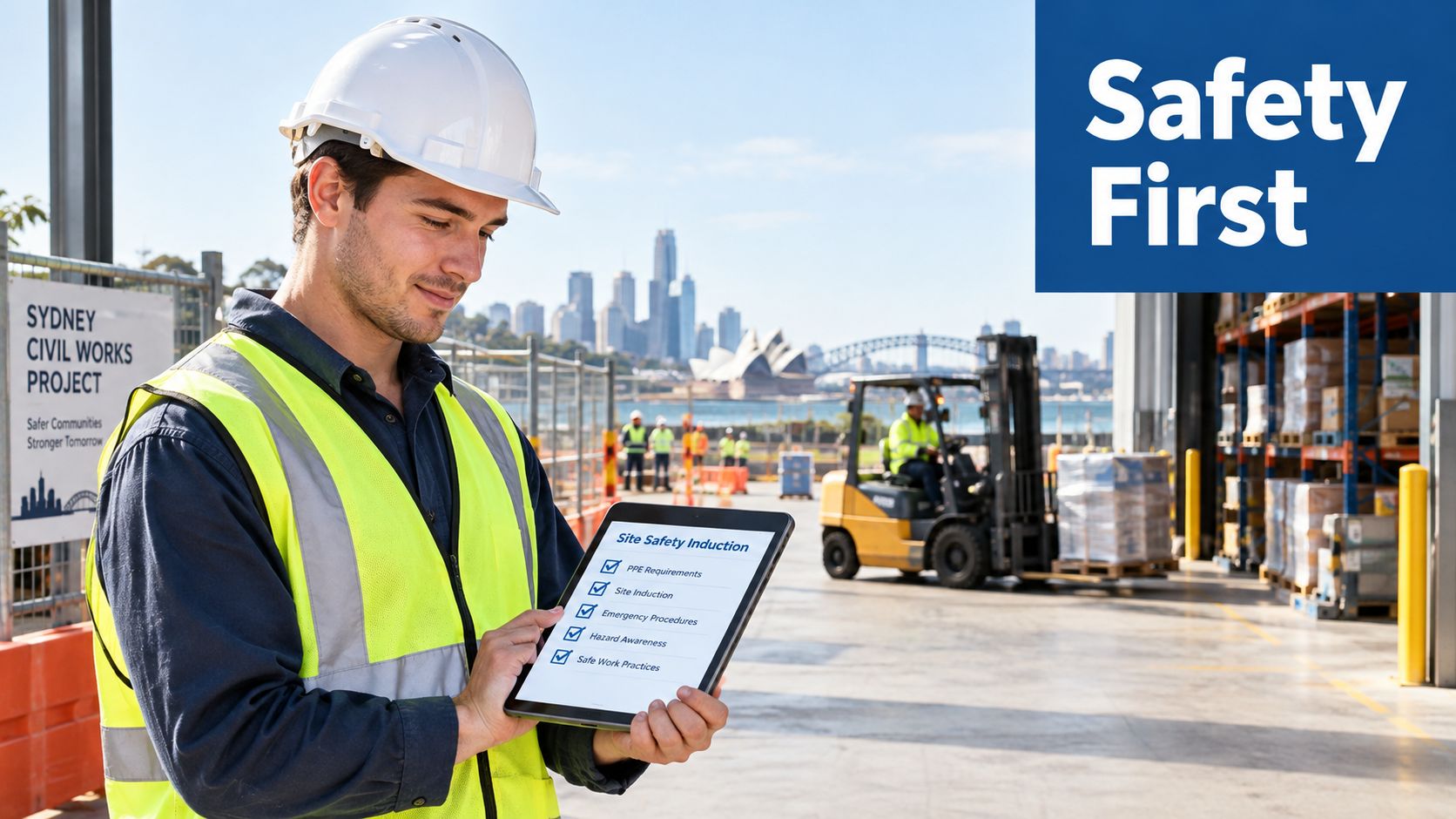 A construction worker in safety gear reviewing a site induction checklist on a digital tablet outdoors.