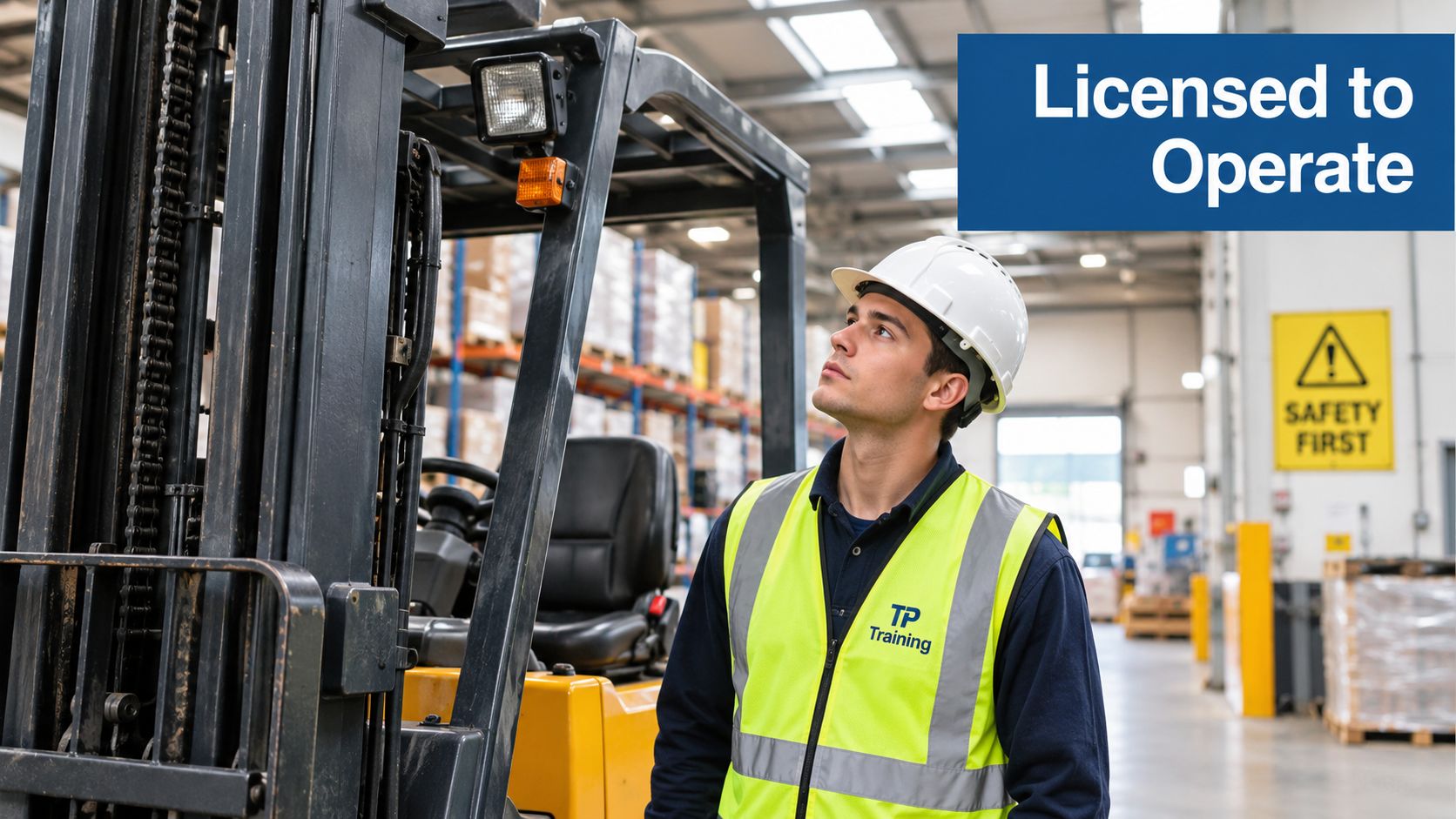 A professional forklift operator in a safety vest and hard hat stands next to a forklift in a warehouse.