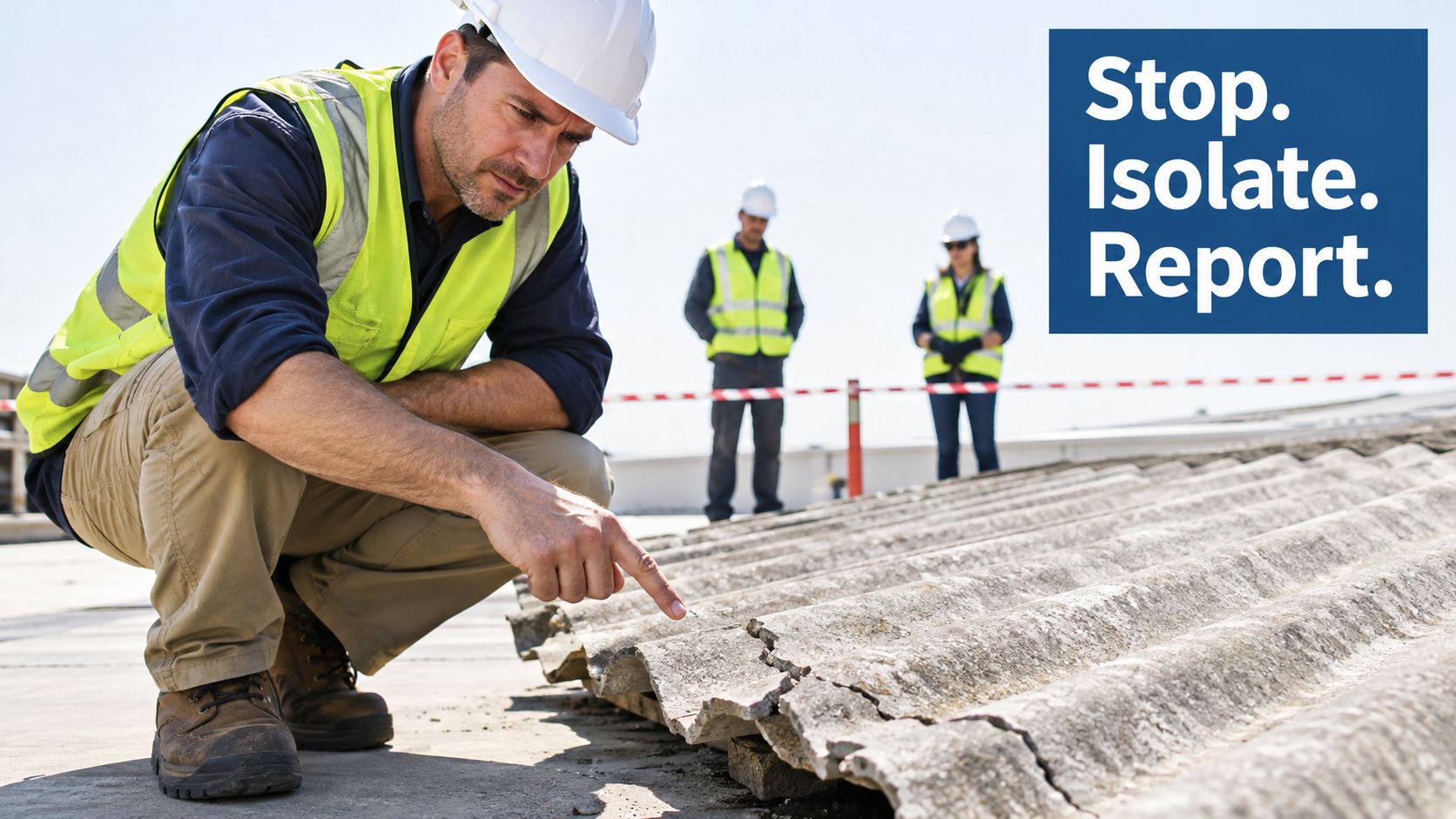 A construction worker inspecting a damaged asbestos roof while other safety personnel observe in the background.