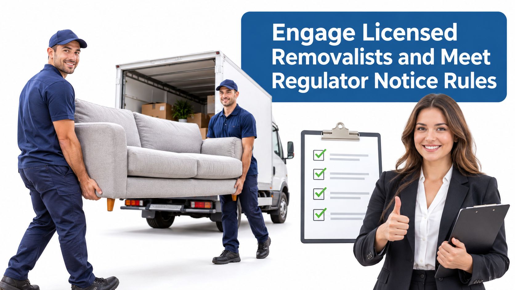 Professional movers carrying a sofa towards a truck with a woman holding a clipboard nearby.