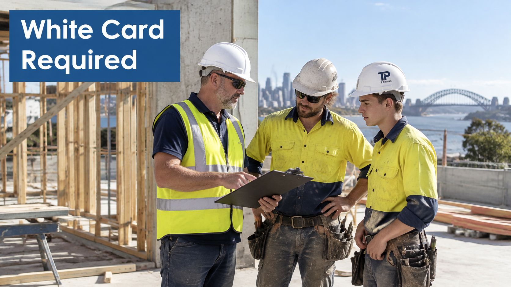 Three construction workers in high-visibility vests and hard hats discussing plans on a Sydney construction site.