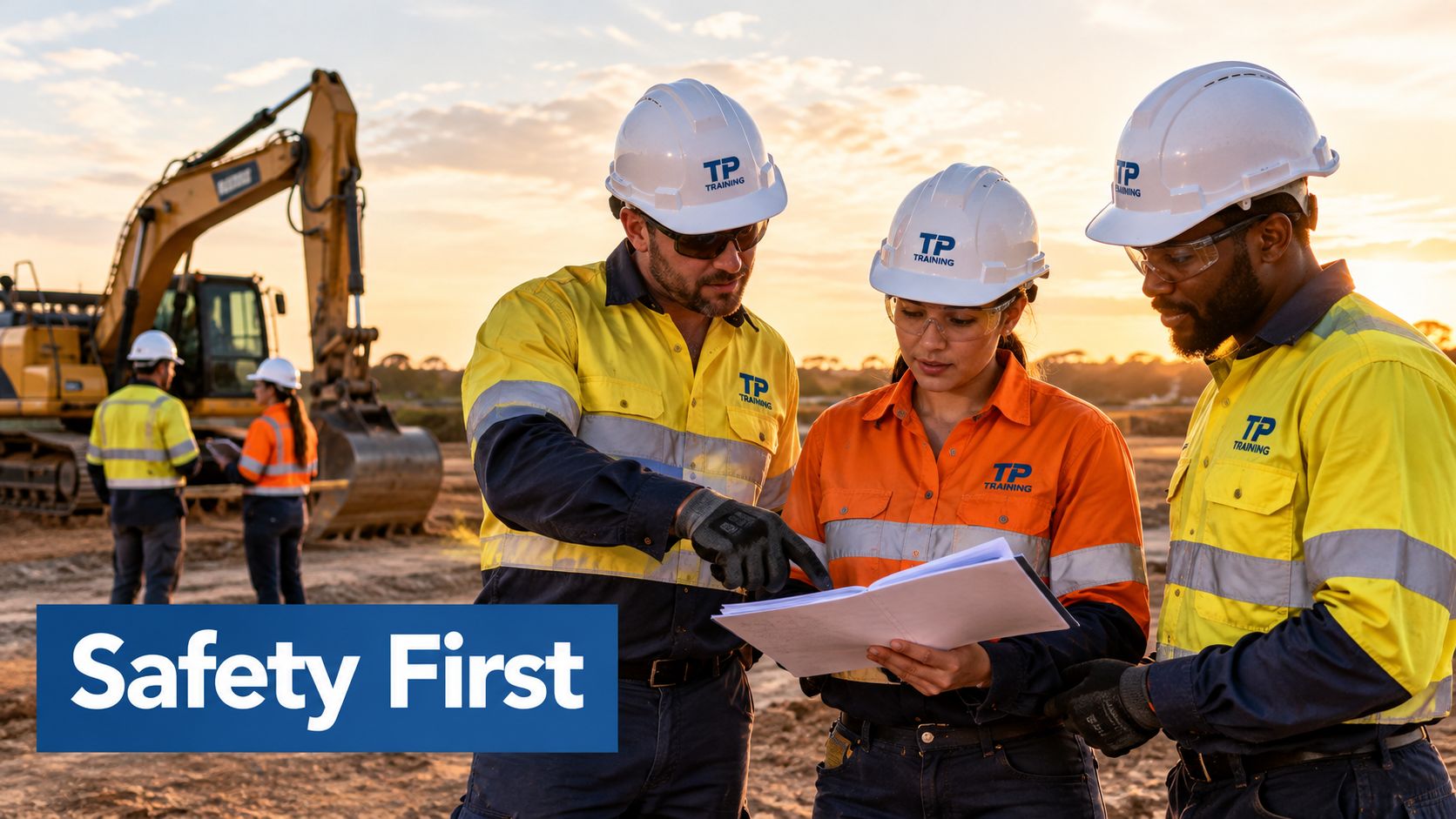 A team of construction workers in safety gear reviewing blueprints on a job site at sunset.