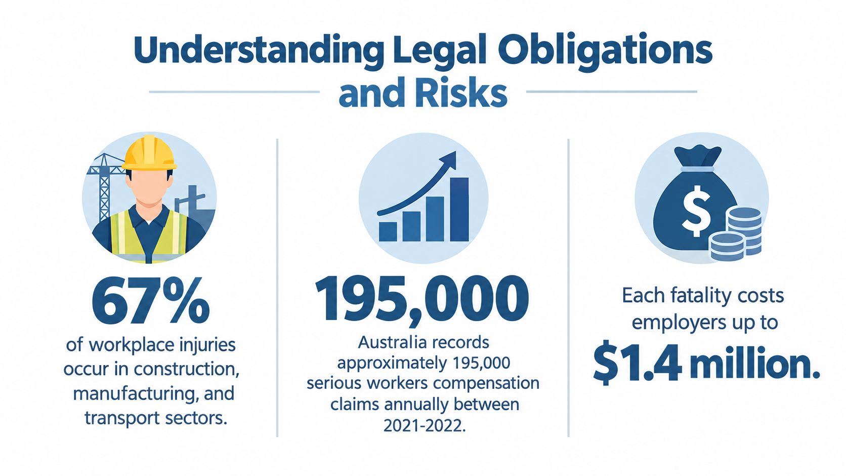An infographic titled Understanding Legal Obligations and Risks presenting statistics about workplace injuries, compensation claims, and costs.