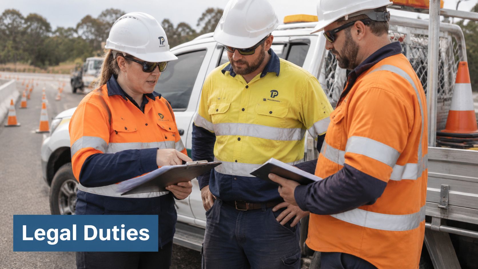 Construction workers in high-visibility clothing and hard hats reviewing documents together on a job site.