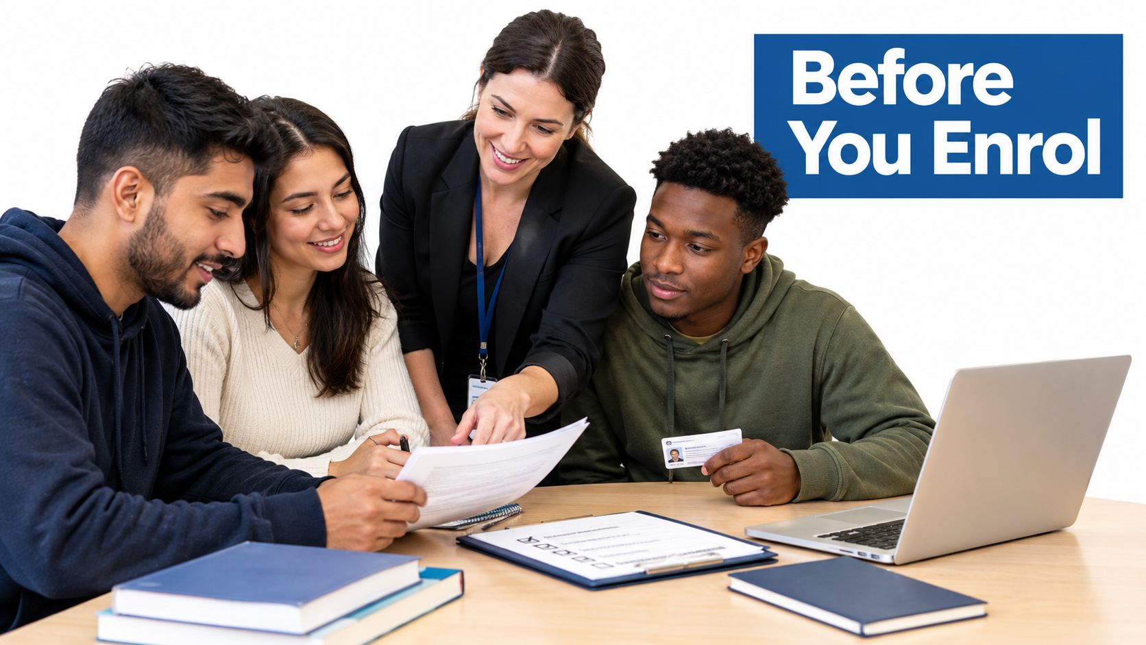 An advisor guiding students with enrollment paperwork at a table with a laptop and books.